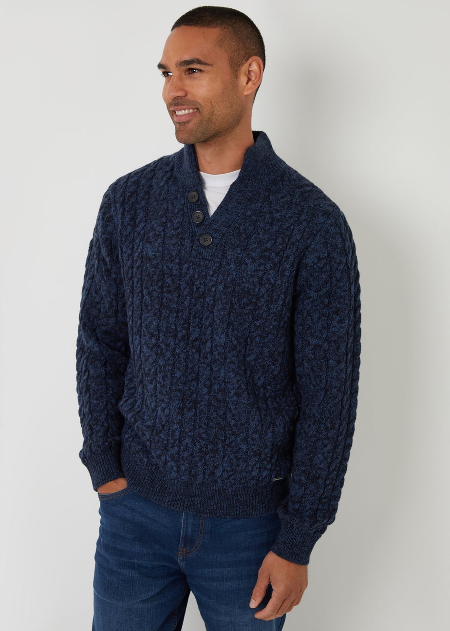 Threadbare Blue Mock Tee Funnel Neck Cable Knit Jumper