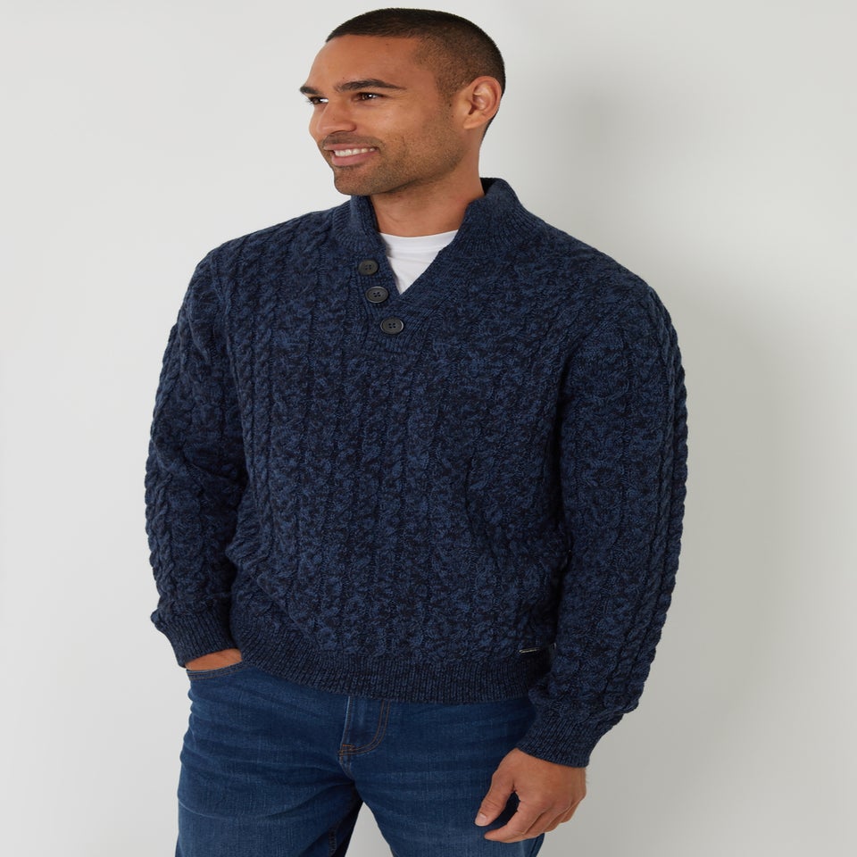 Threadbare Blue Mock Tee Funnel Neck Cable Knit Jumper