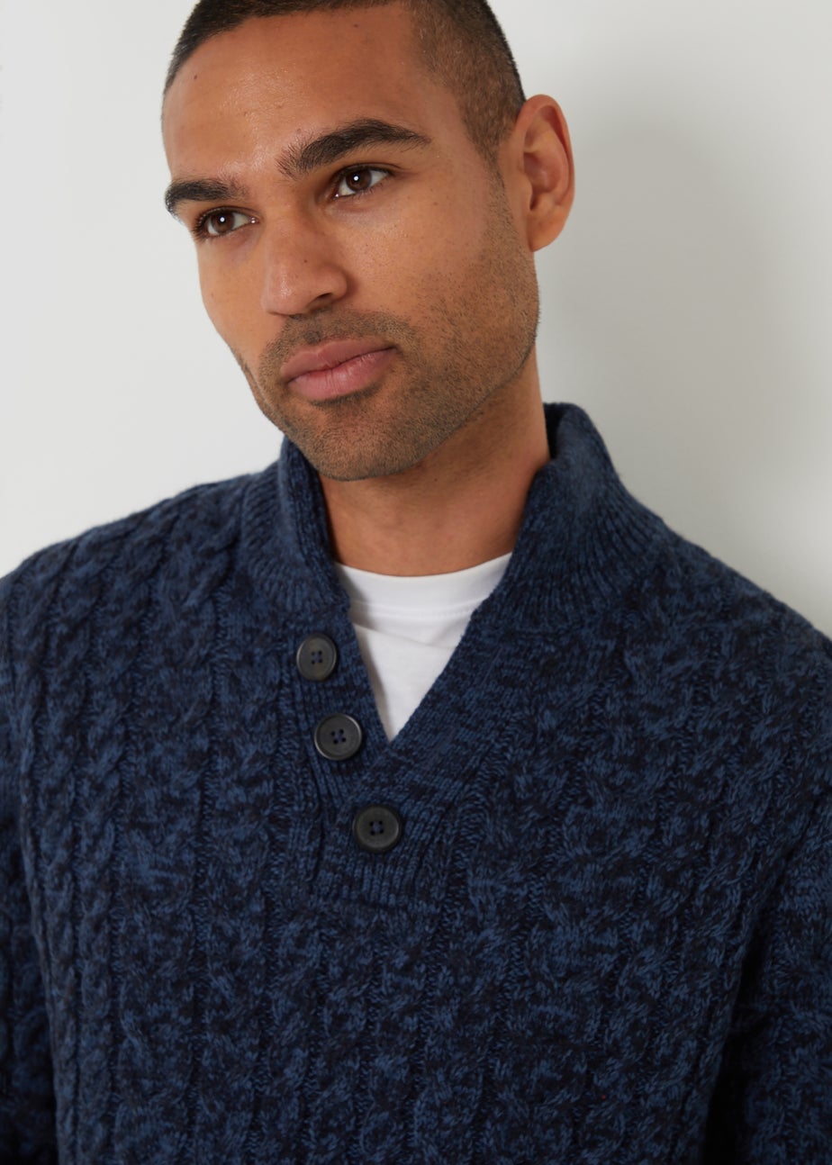 Threadbare Blue Mock Tee Funnel Neck Cable Knit Jumper