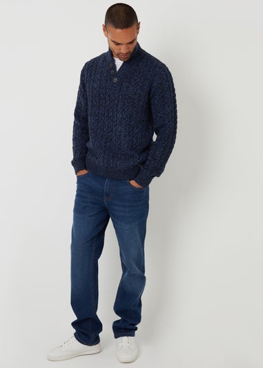 Threadbare Blue Mock Tee Funnel Neck Cable Knit Jumper