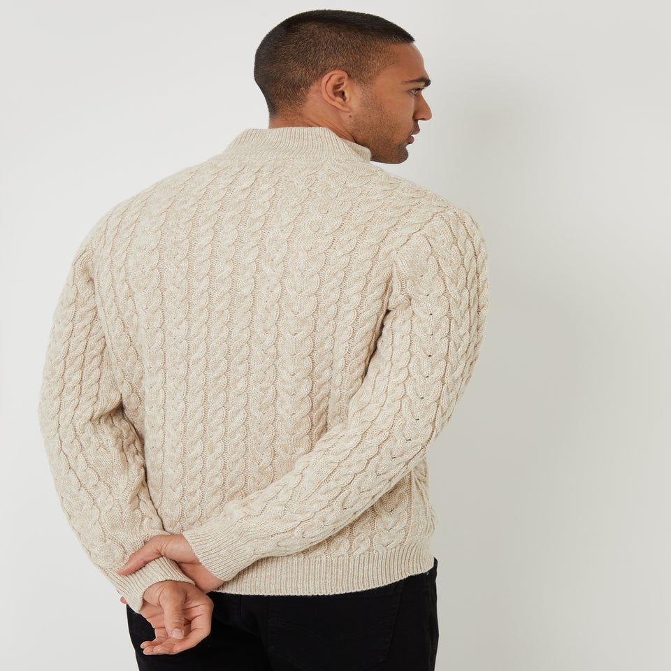 Threadbare Taupe Mock Tee Funnel Neck Cable Knit Jumper