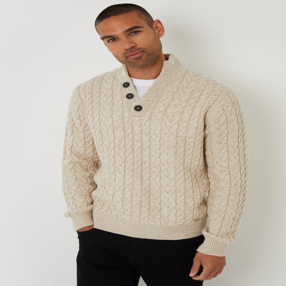Threadbare Taupe Mock Tee Funnel Neck Cable Knit Jumper