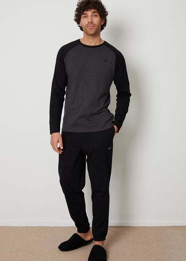 Threadbare Black Cotton Blend Contrast Sleeve Pyjama Set