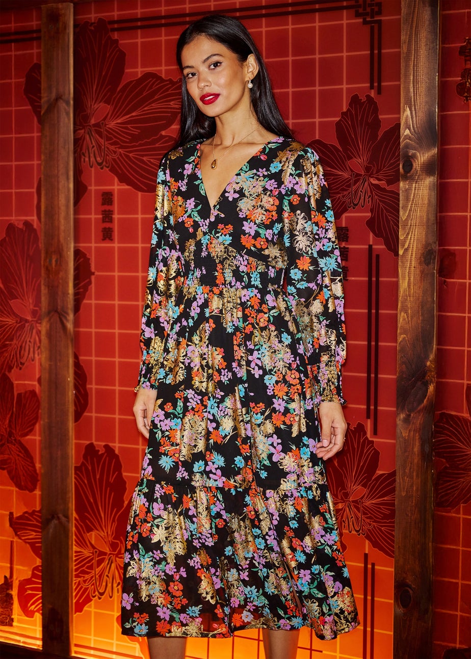 Yumi Black Floral & Foil Ruched Midi Dress With Split Hemline