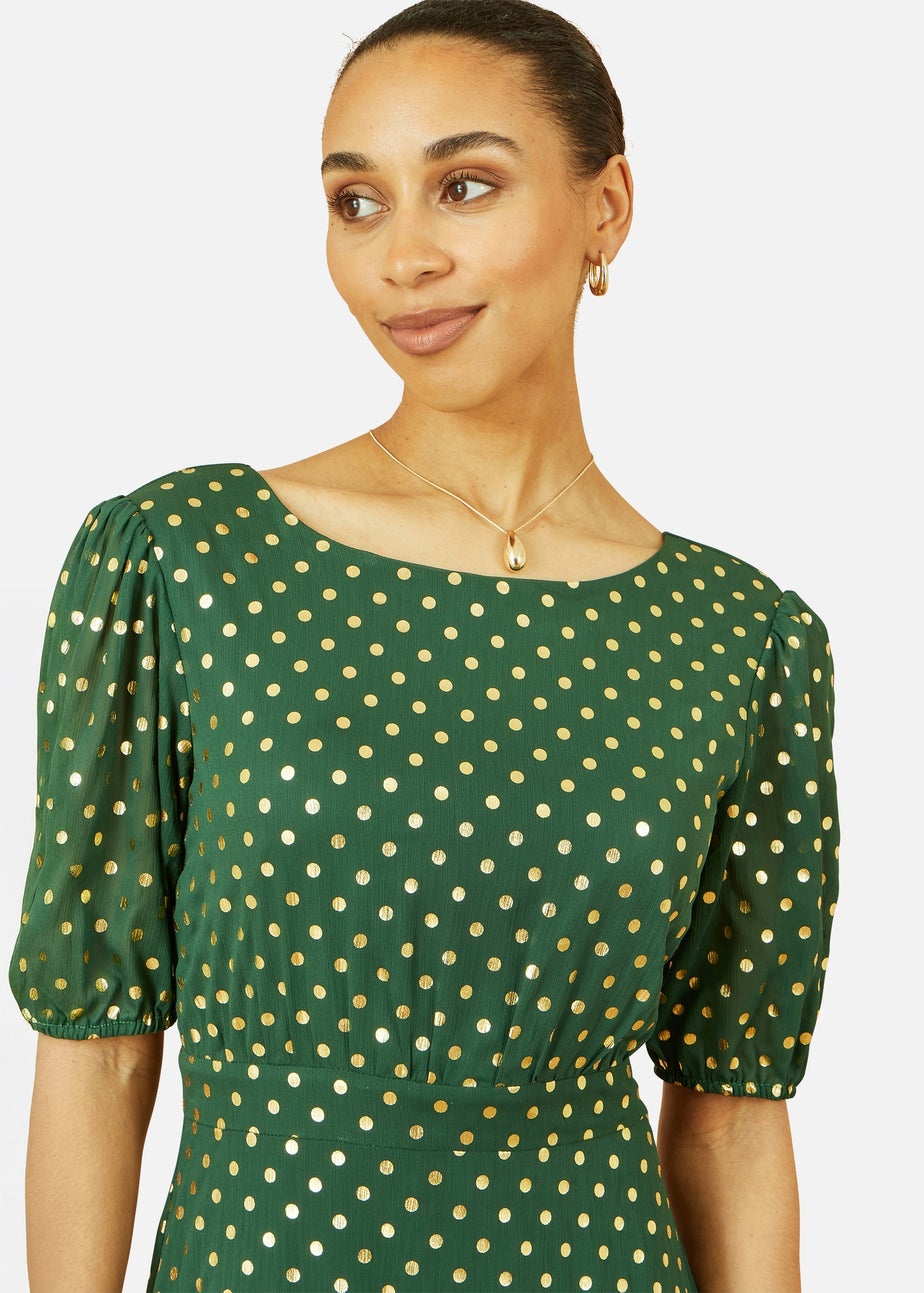 Yumi Green Gold Foil Spot Midi Dress With Scoop Back