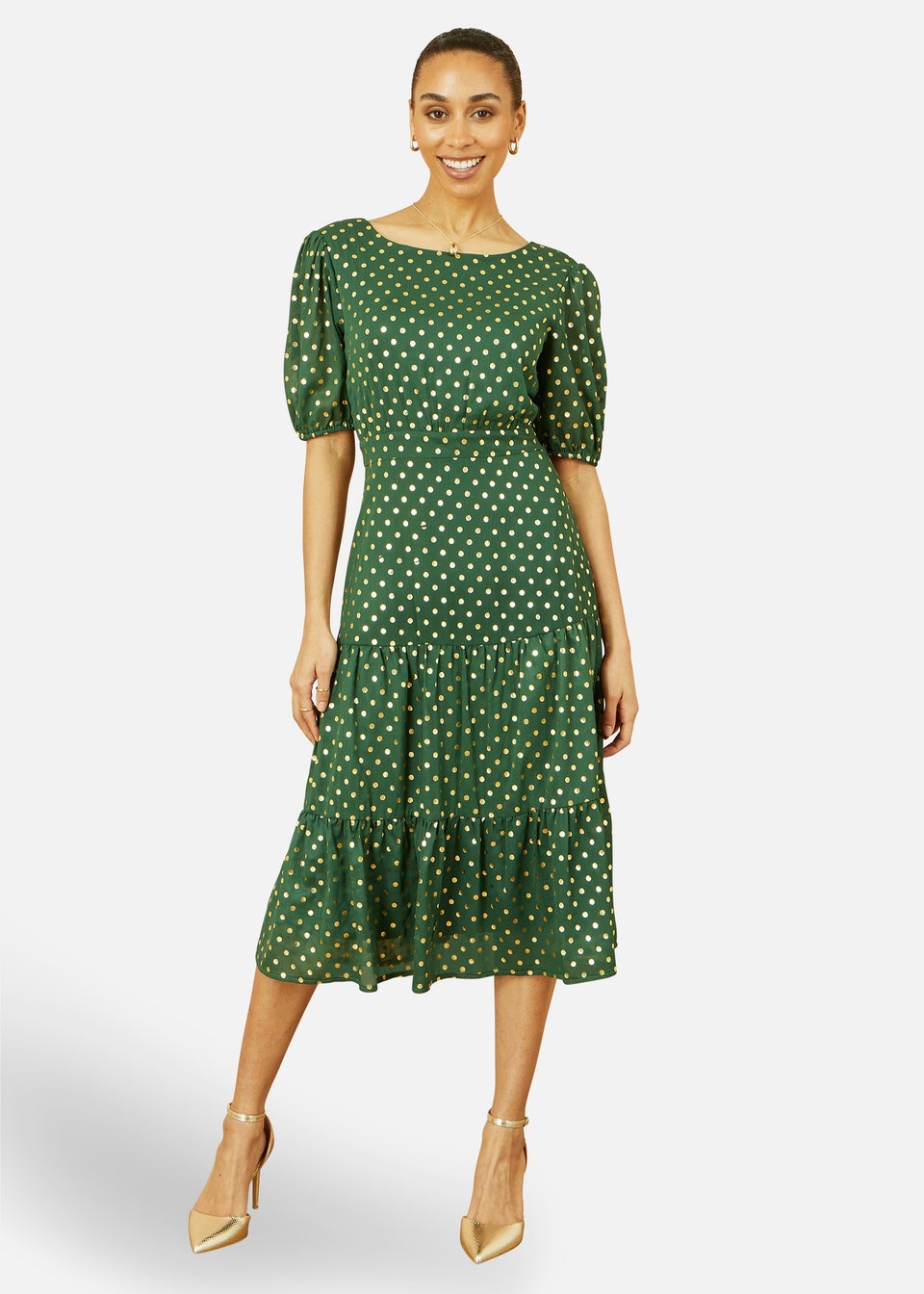 Yumi Green Gold Foil Spot Midi Dress With Scoop Back