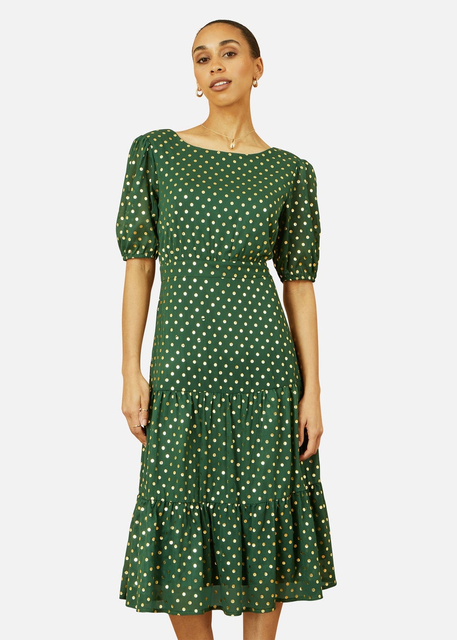 Yumi Green Gold Foil Spot Midi Dress With Scoop Back
