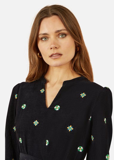 Yumi Flower Embroidery Midi Cord Dress In Black