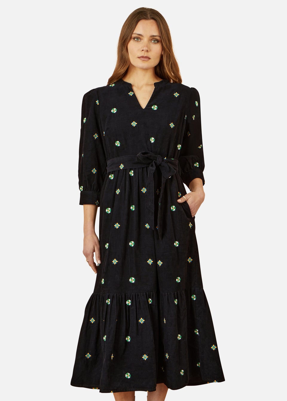 Yumi Flower Embroidery Midi Cord Dress In Black