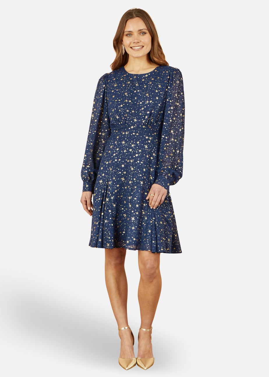 Yumi Star Print Foil Long Sleeve Dress In Navy
