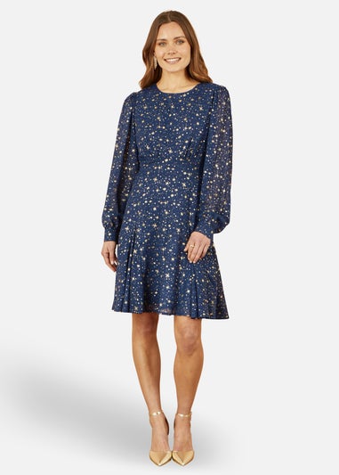 Yumi Star Print Foil Long Sleeve Dress In Navy