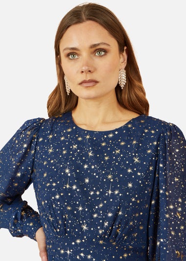 Yumi Star Print Foil Long Sleeve Dress In Navy