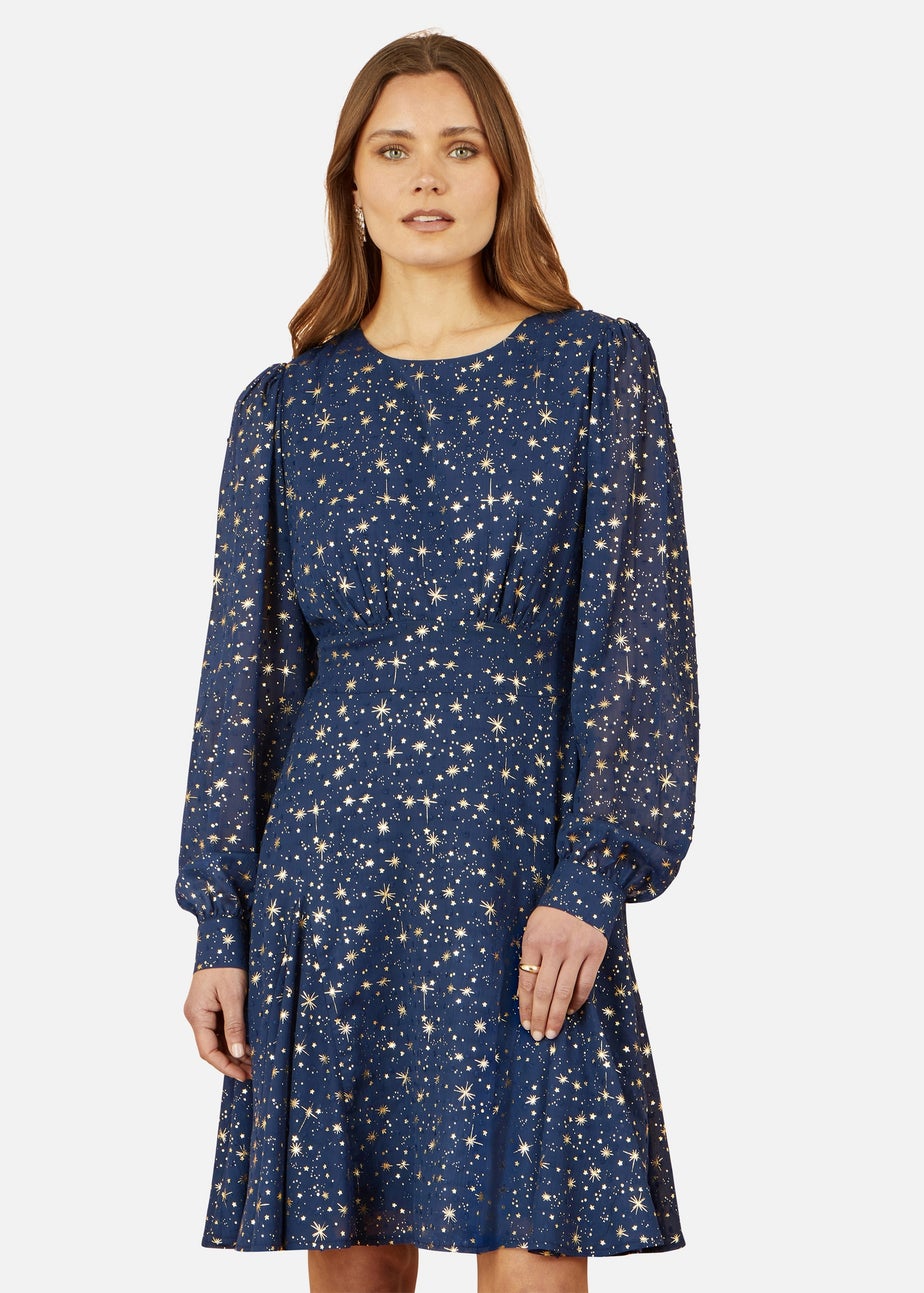 Yumi Star Print Foil Long Sleeve Dress In Navy