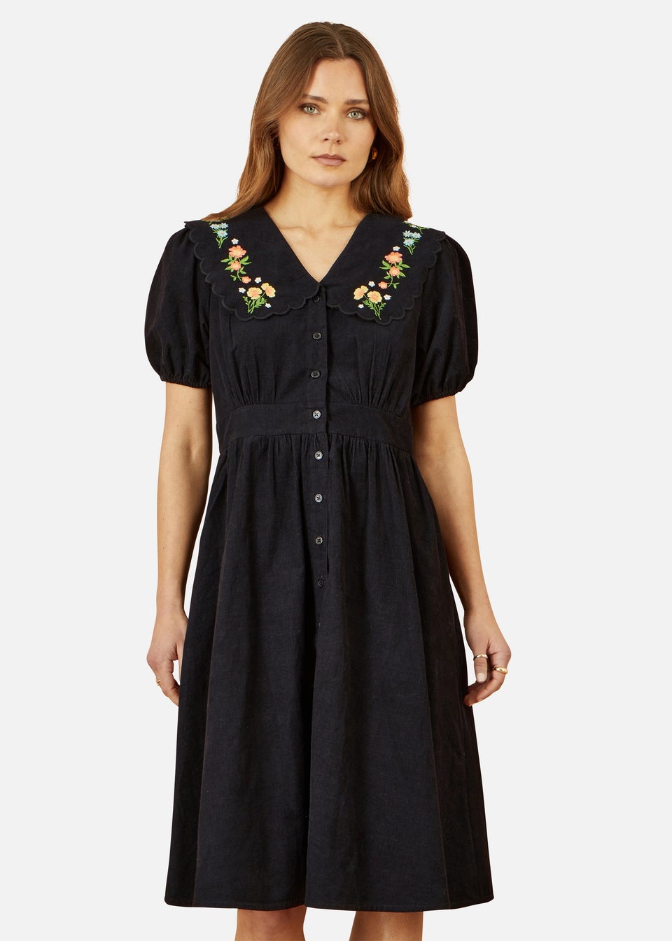 Yumi Embroidered Collar Cord Tea Dress In Black
