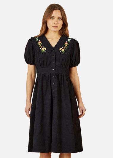 Yumi Embroidered Collar Cord Tea Dress In Black