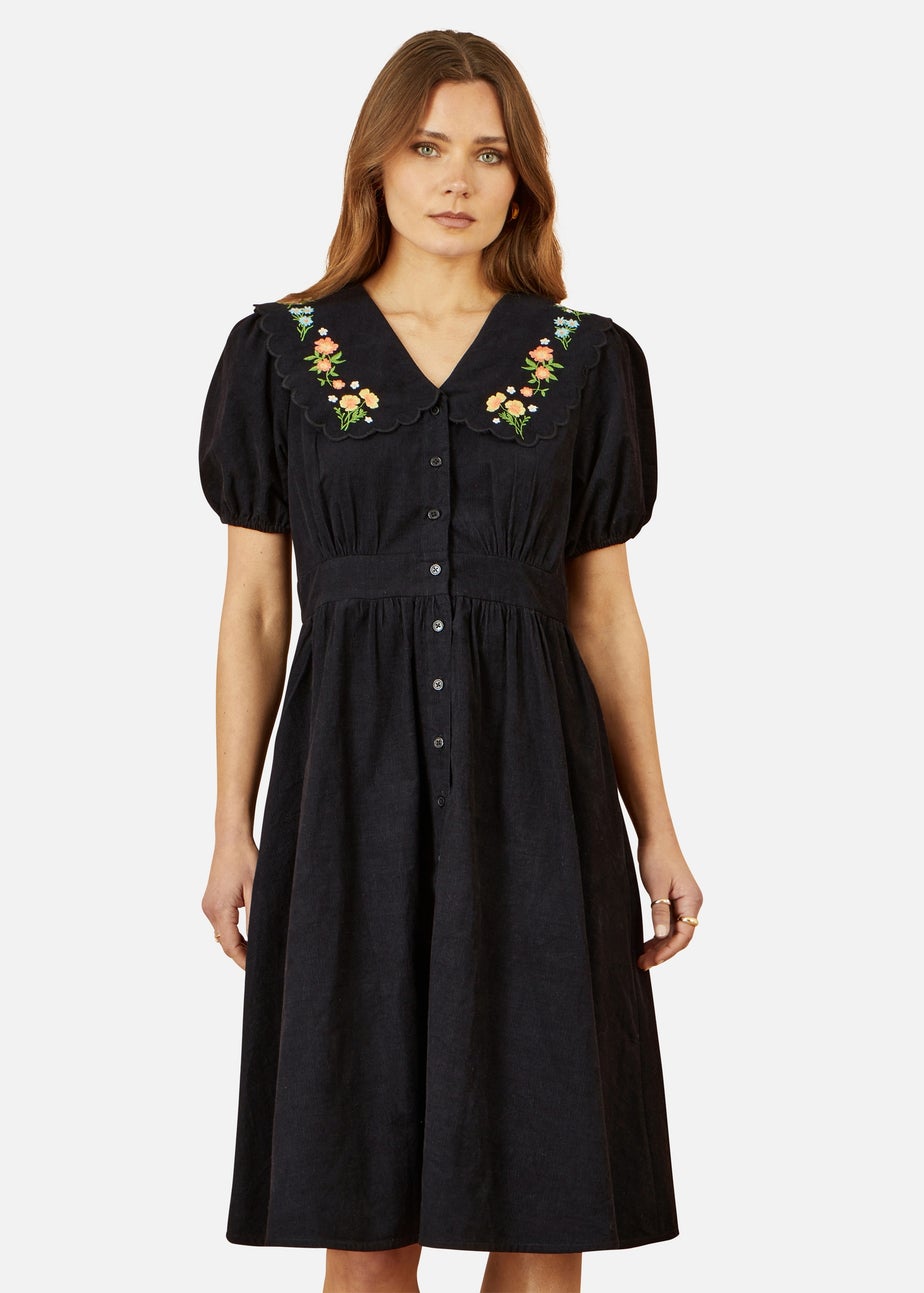 Yumi Embroidered Collar Cord Tea Dress In Black