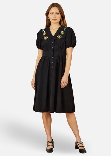 Yumi Embroidered Collar Cord Tea Dress In Black