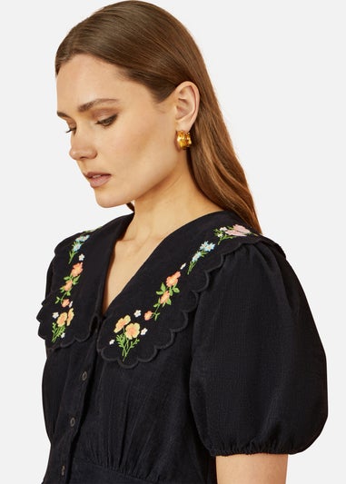 Yumi Embroidered Collar Cord Tea Dress In Black