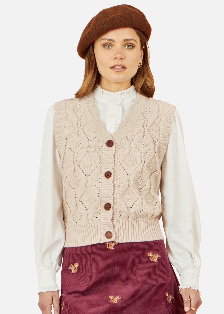 Yumi Ivory Button Up Chunky Cable Knit Waistcoat