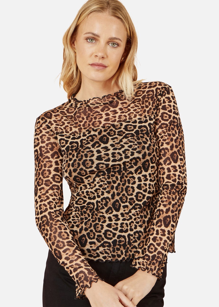 Yumi Leopard Print Mesh Stretch Fitted Top In Brown