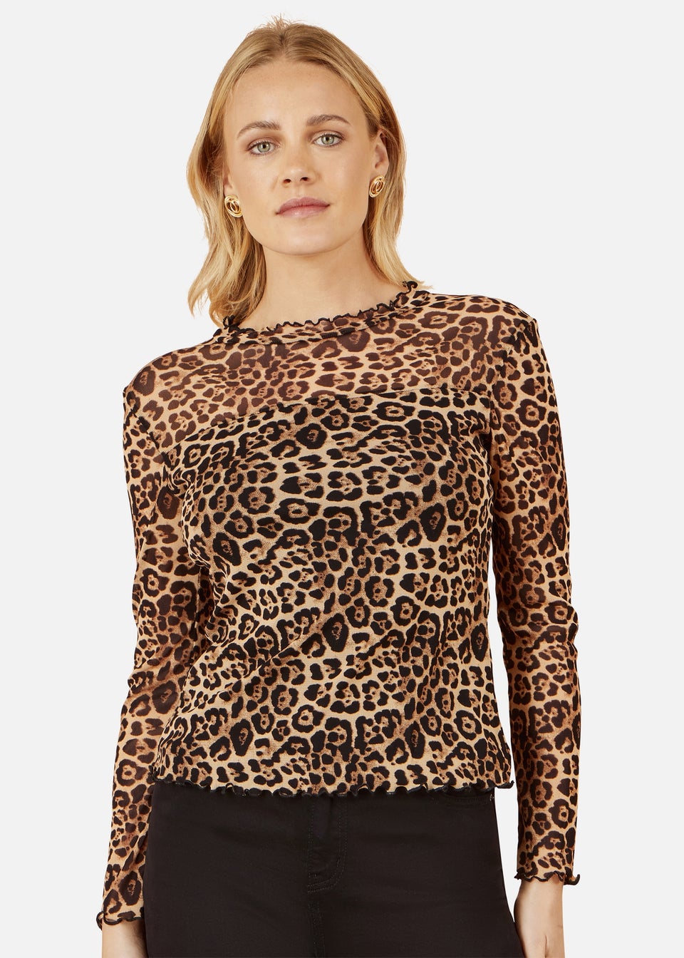 Yumi Leopard Print Mesh Stretch Fitted Top In Brown