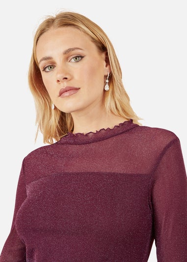 Yumi Shimmer Print Mesh Stretch Fitted Top In Burgundy