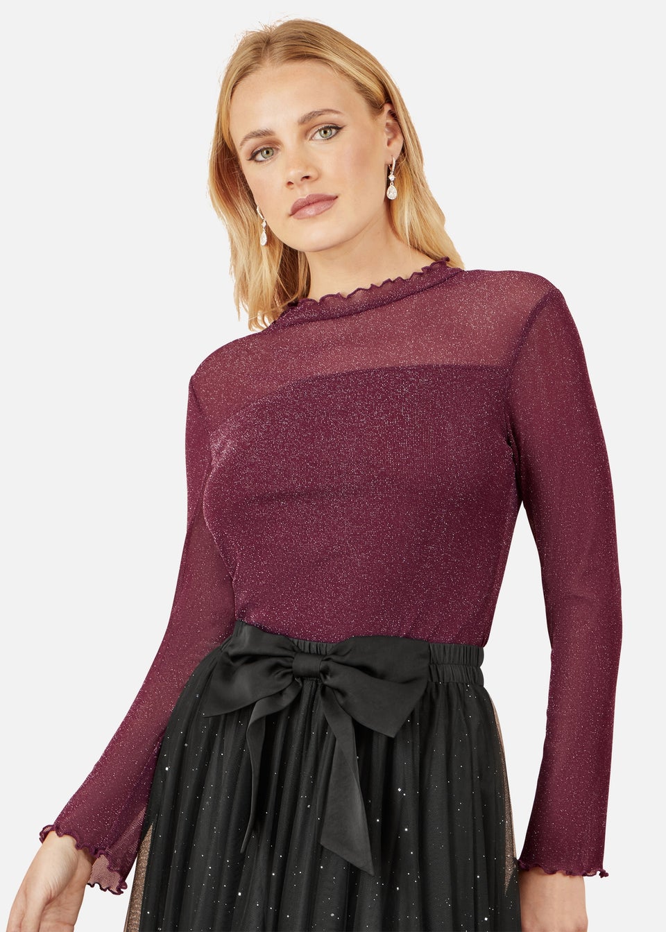 Yumi Shimmer Print Mesh Stretch Fitted Top In Burgundy