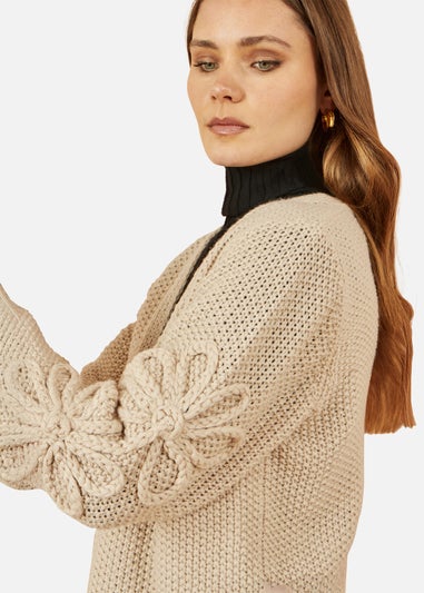 Yumi Edge to Edge Cardigan With Flower Detail Sleeves In Beige