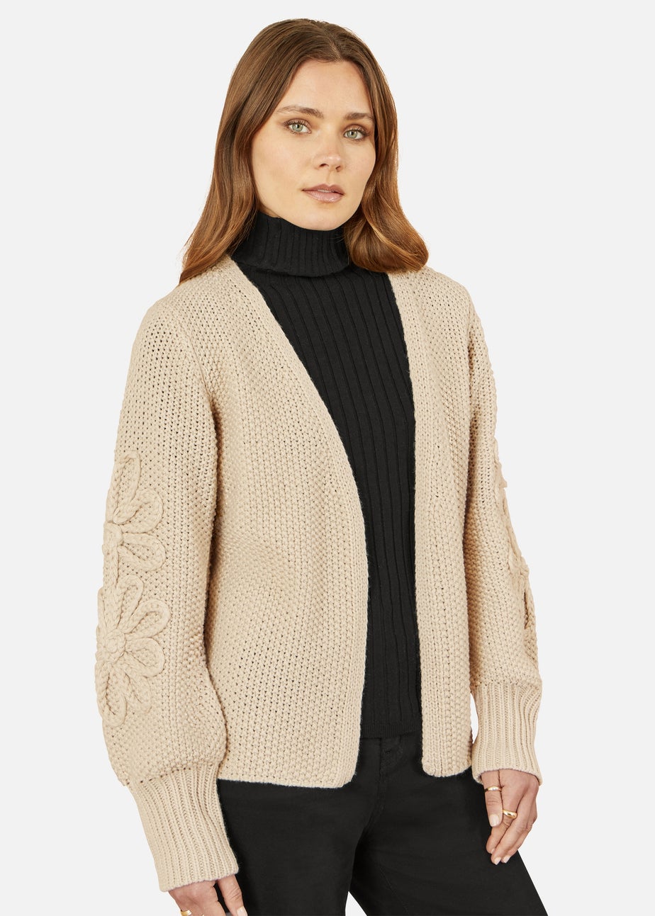 Yumi Edge to Edge Cardigan With Flower Detail Sleeves In Beige