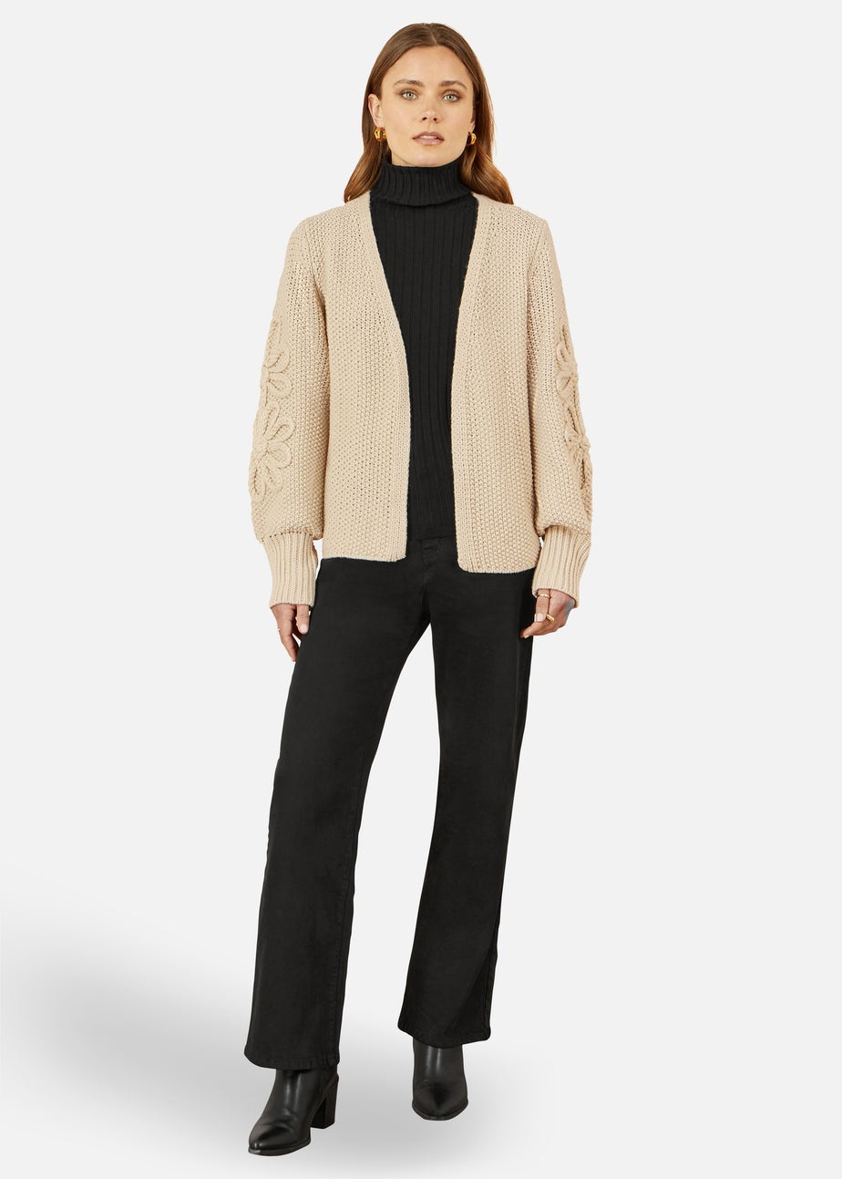 Yumi Edge to Edge Cardigan With Flower Detail Sleeves In Beige