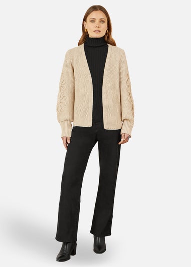 Yumi Edge to Edge Cardigan With Flower Detail Sleeves In Beige