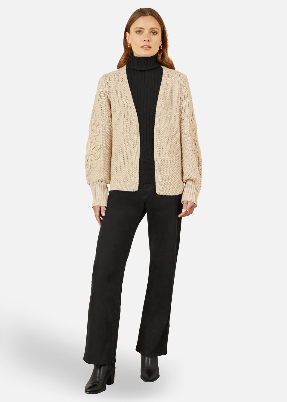 Yumi Edge to Edge Cardigan With Flower Detail Sleeves In Beige