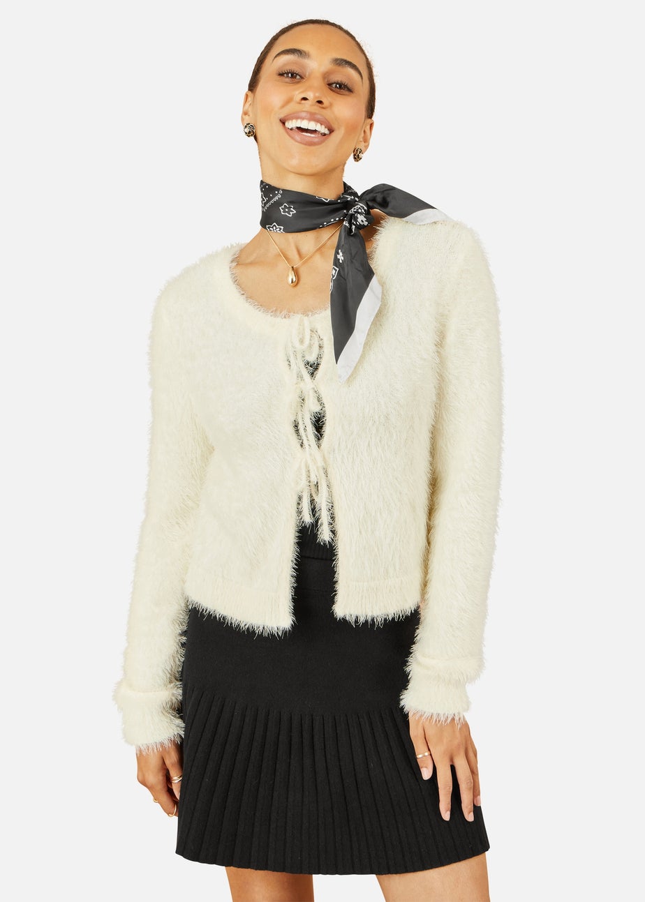 Yumi Ivory Eyelash Fluffy Knit Bolero With Tie Front