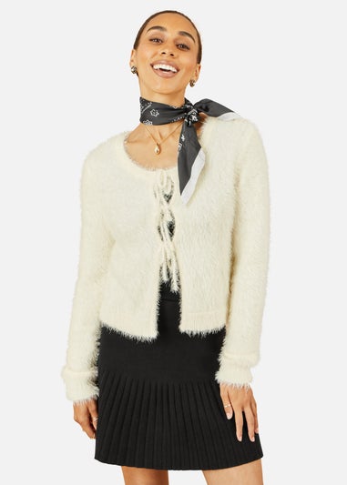 Yumi Ivory Eyelash Fluffy Knit Bolero With Tie Front