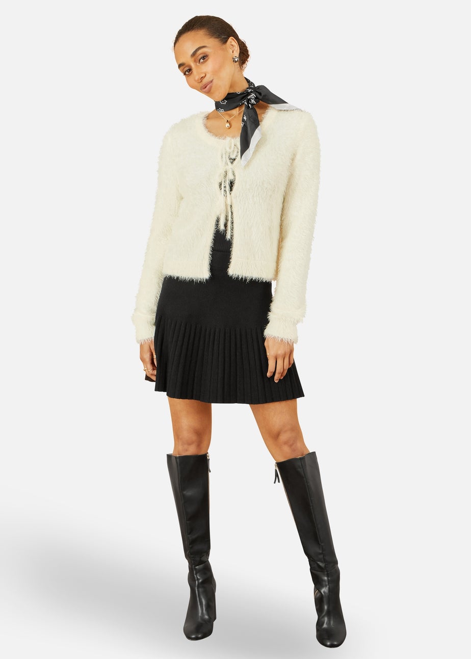 Yumi Ivory Eyelash Fluffy Knit Bolero With Tie Front