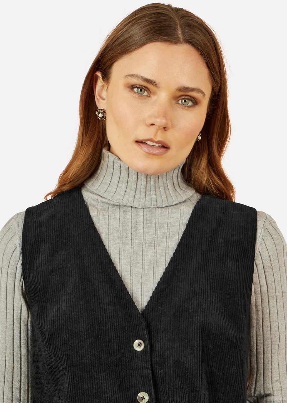 Yumi Black Cord Button Through Pinafore Dress With Pockets