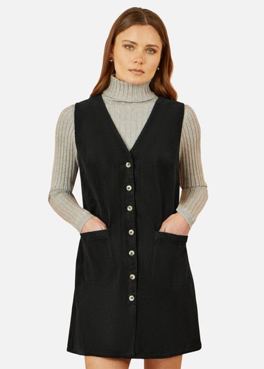 Yumi Black Cord Button Through Pinafore Dress With Pockets