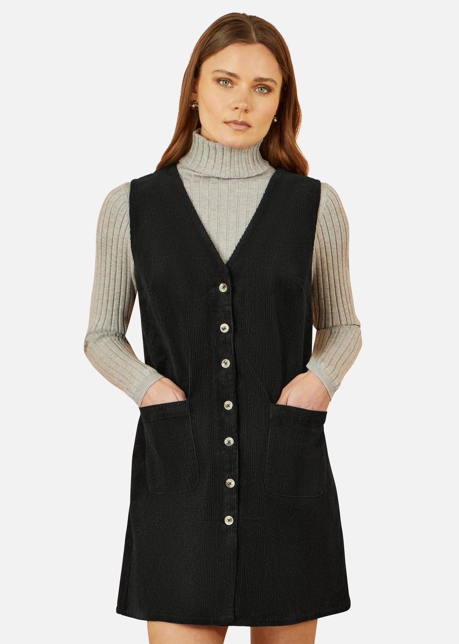 Yumi Black Cord Button Through Pinafore Dress With Pockets