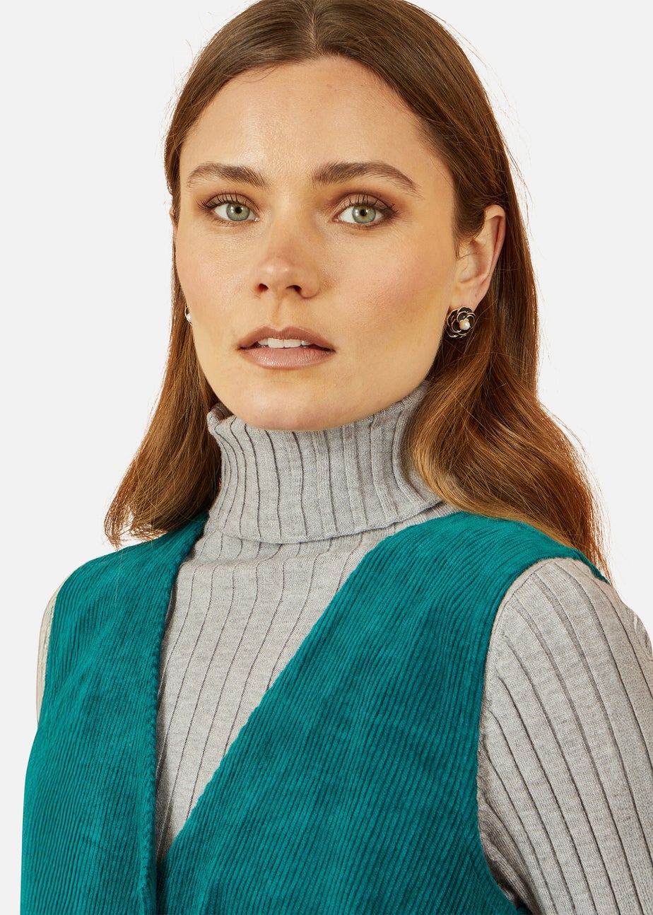 Yumi Teal Cord Button Through Pinafore Dress With Pockets