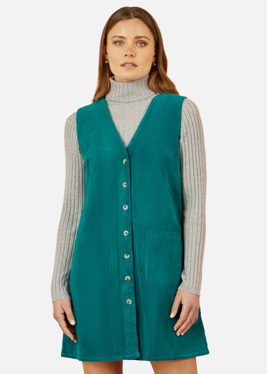 Yumi Teal Cord Button Through Pinafore Dress With Pockets
