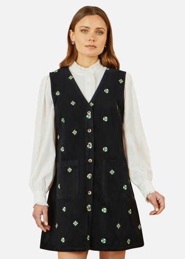Yumi Black Flower Embroidered Button Up Pinafore Dress