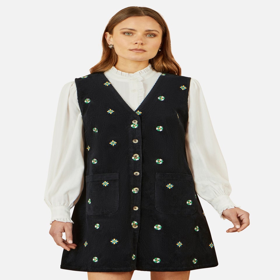 Yumi Black Flower Embroidered Button Up Pinafore Dress