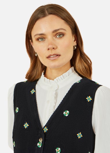 Yumi Black Flower Embroidered Button Up Pinafore Dress