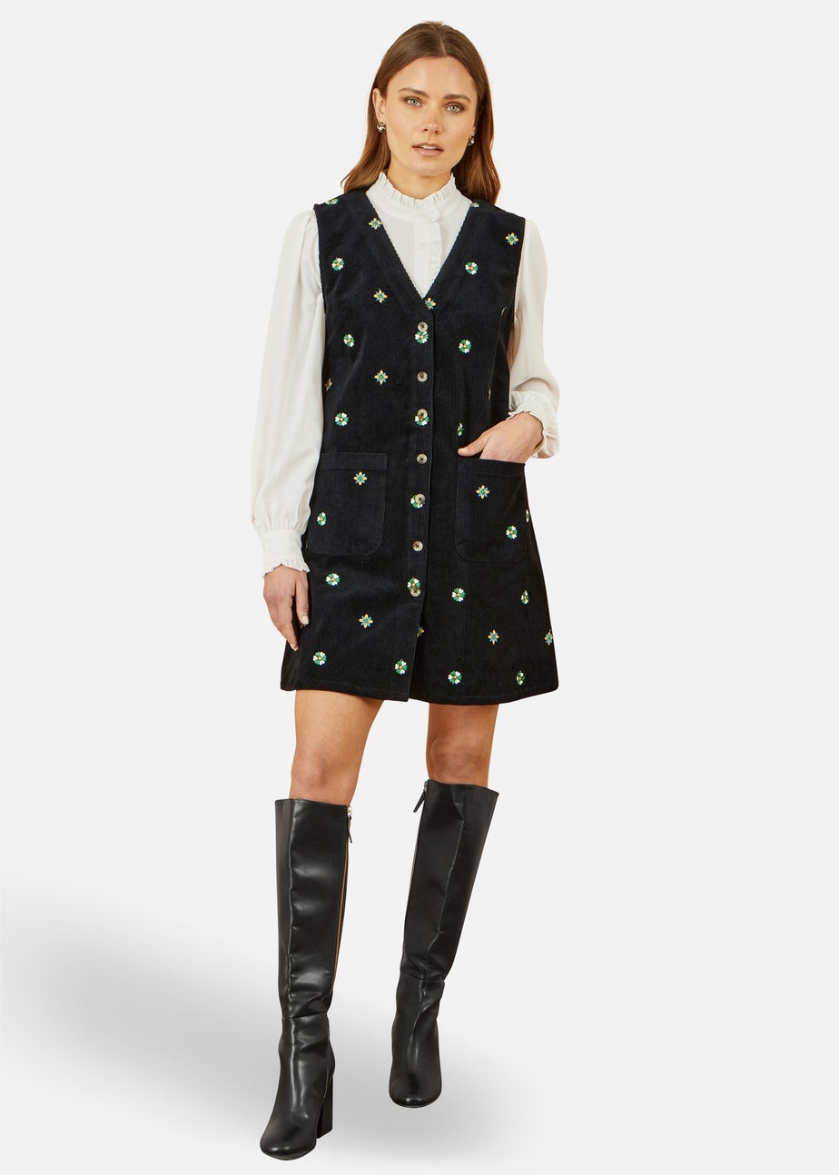 Yumi Black Flower Embroidered Button Up Pinafore Dress