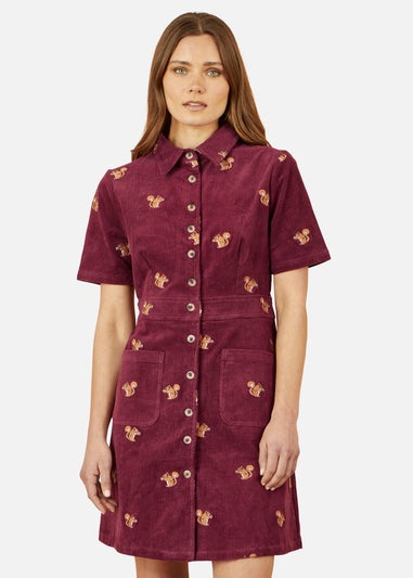 Yumi Burgundy Cord Shirt Dress With All Over Squirrel Embroidery