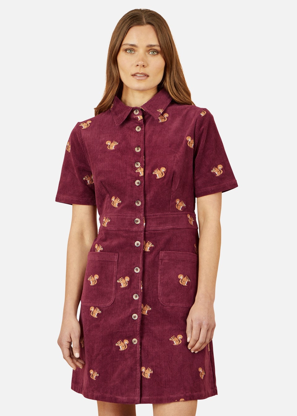Yumi Burgundy Cord Shirt Dress With All Over Squirrel Embroidery