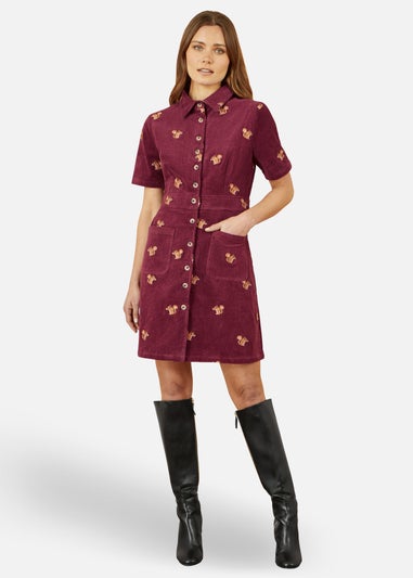 Yumi Burgundy Cord Shirt Dress With All Over Squirrel Embroidery