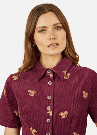 Yumi Burgundy Cord Shirt Dress With All Over Squirrel Embroidery