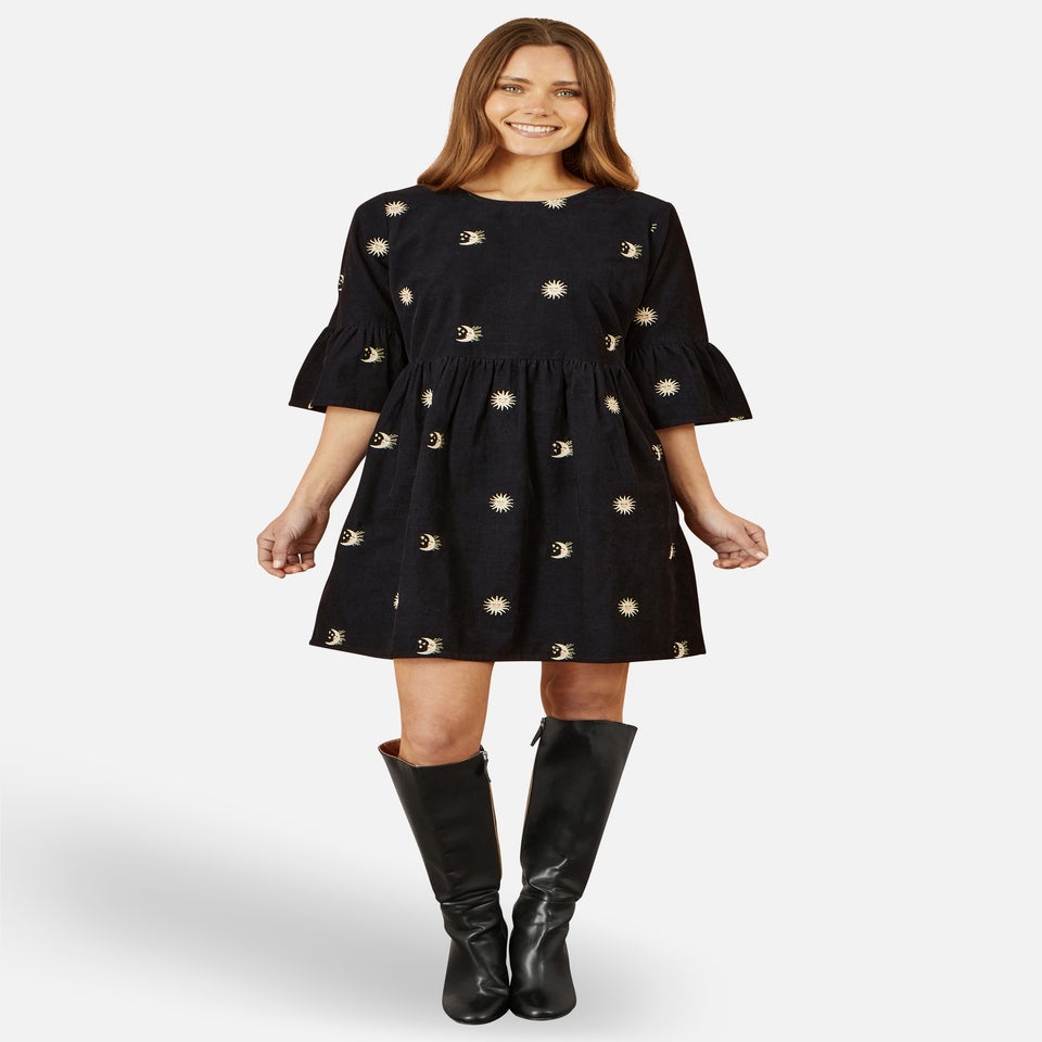 Yumi Black Cosmic Embroidery Cord Tunic Dress