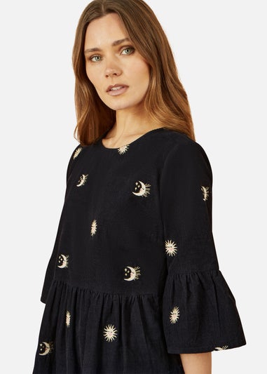 Yumi Black Cosmic Embroidery Cord Tunic Dress